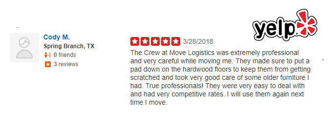 Yelp review for professional texas moving services