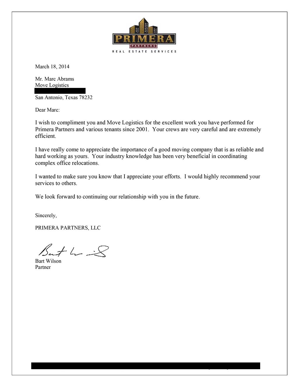 letter of recommendation for professional relocation services