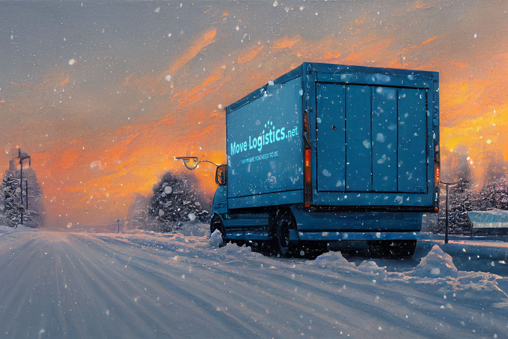 Image of a moving company driving thru snow on the road