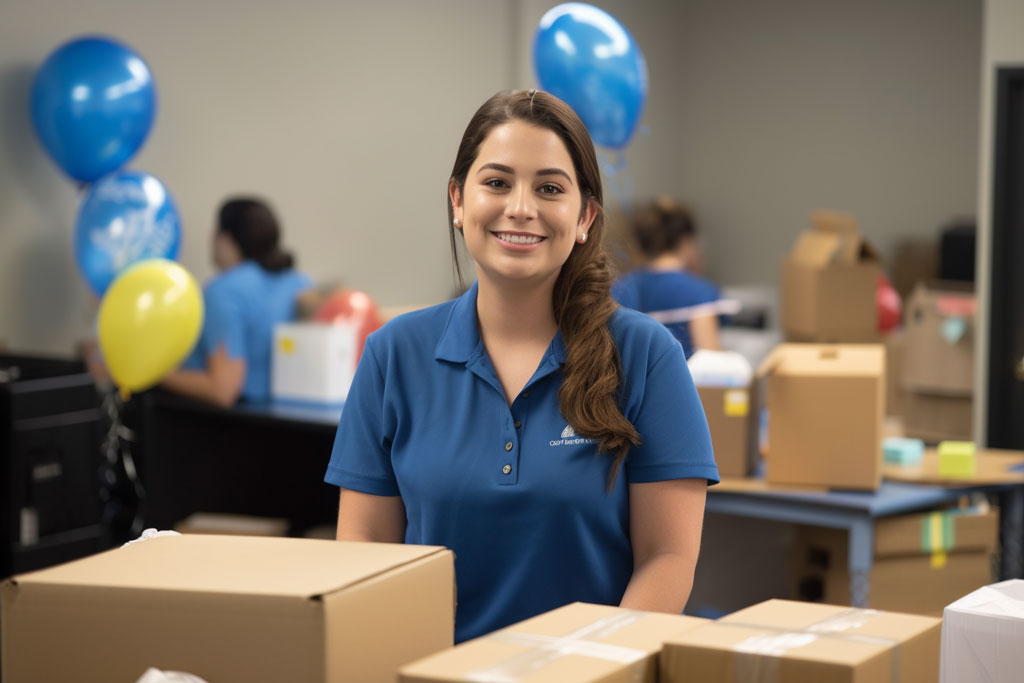 Employees packing and labeling items for commercial move